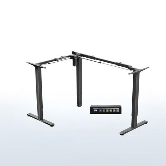 Black L-shaped adjustable desk with remote control on a white background