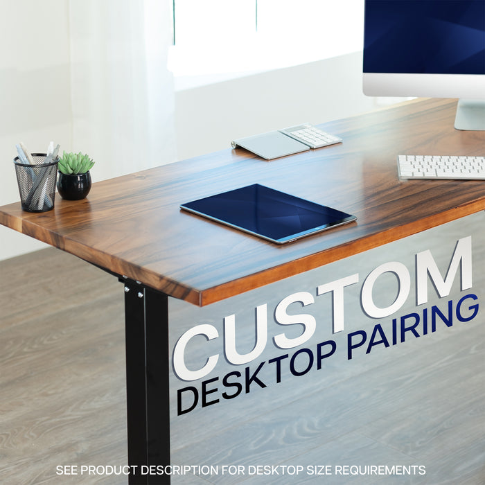 Wooden desk with computer setup and 'Custom Desktop Pairing' text overlay.