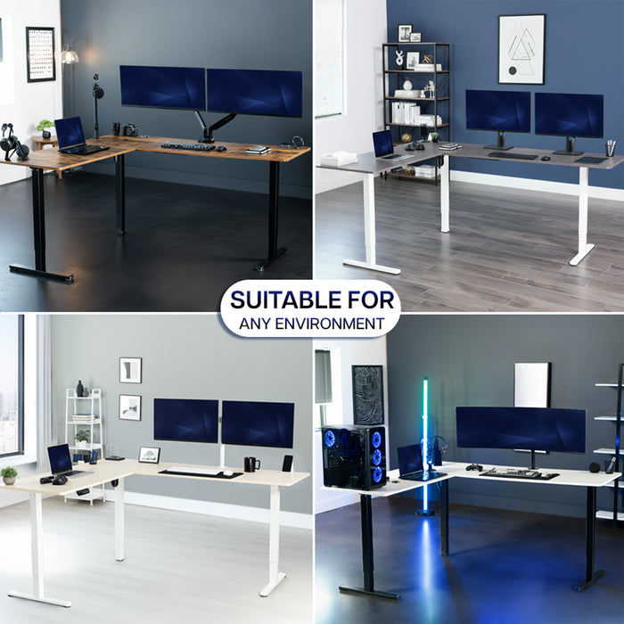 Collage of different office desks with computer setups in various environments using a corner electric desk frame.