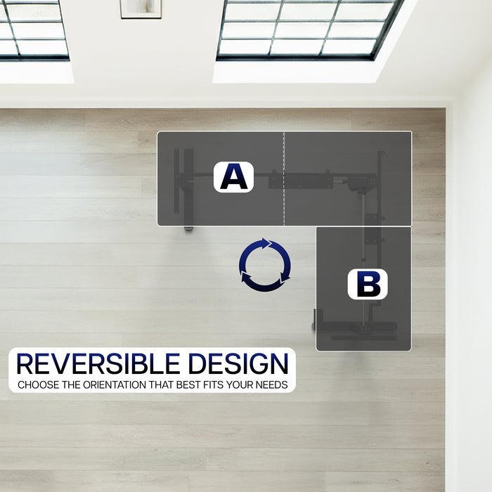 Reversible design desk frame on a wooden floor with text indicating choice options.