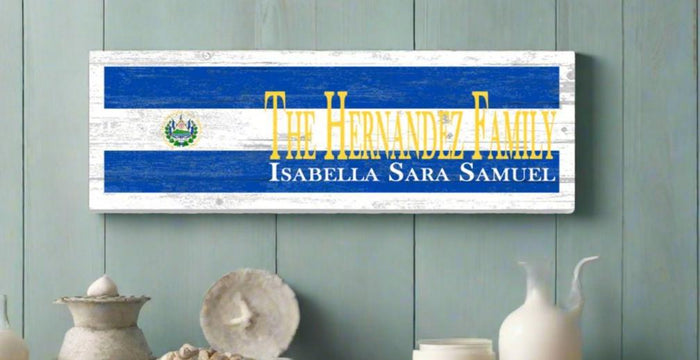 Wooden El Salvador Flag Sign For El Salvador Family Housewarming or El Salvador Couple Wedding Gift - Made from Solid Wood and Personalized