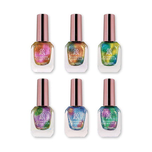 Six Clionadh Cosmetics nail polish bottles from the Electro-Slick Collection on a white background.