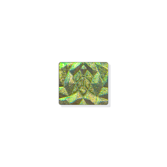 A single multichrome eyeshadow in colour Electron on a white background. A multidimensional shadow with a grey base with medium/large sized particles that shift pewter-lime-aqua with hints of pale lilac glitter.