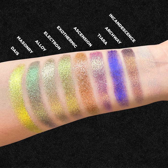 Arm swatches of Electron and the rest of the Stained Glass Expansion Bundle on fair skin tone, on a black background.