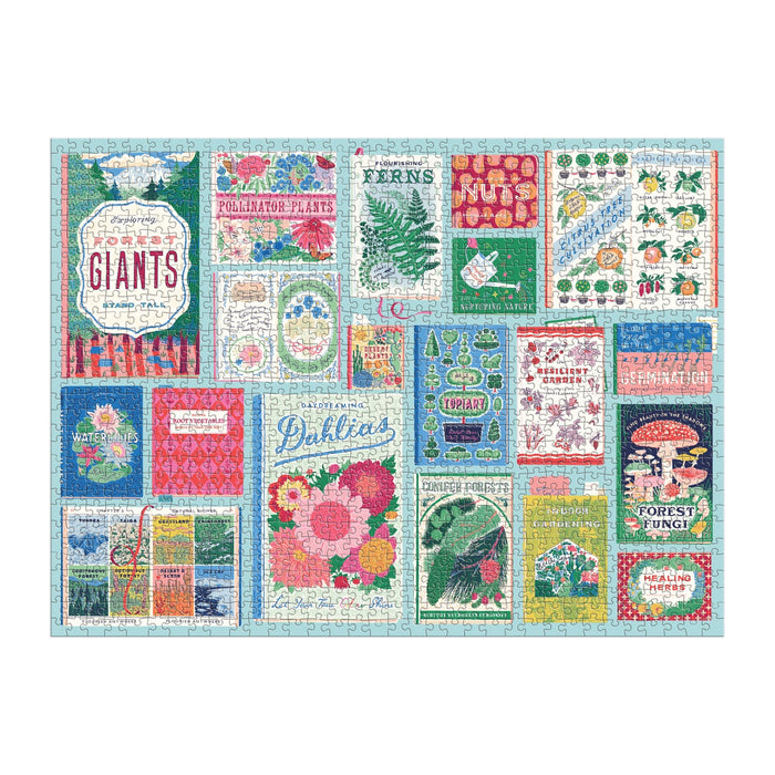 The Ever Upward Botanist Bookshelf 1000 Piece Puzzle by Emily Taylor features a grid of vintage-style botanical book covers—showcasing flowers, mushrooms, ferns, trees, and gardening themes—once completed.