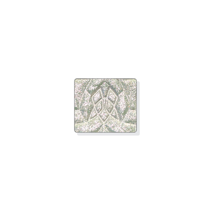 A single multichrome eyeshadow in colour Facet on a white background. Has a translucent white base that shifts pearly pink-silver-lime.