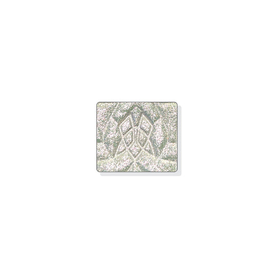 A single multichrome eyeshadow in colour Facet on a white background. Has a translucent white base that shifts pearly pink-silver-lime.