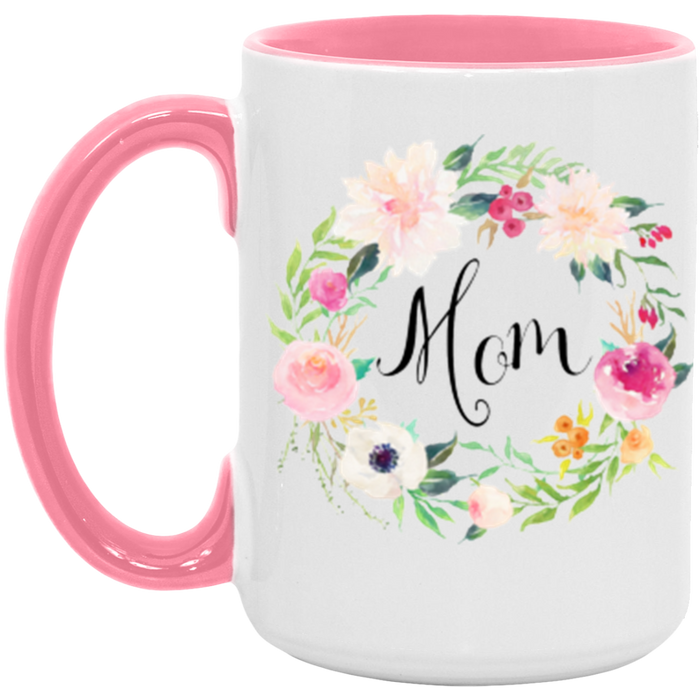 Floral Wreath Mom ceramic coffee mug in White/Pink