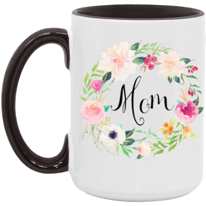Floral Wreath Mom ceramic coffee mug in White/Black