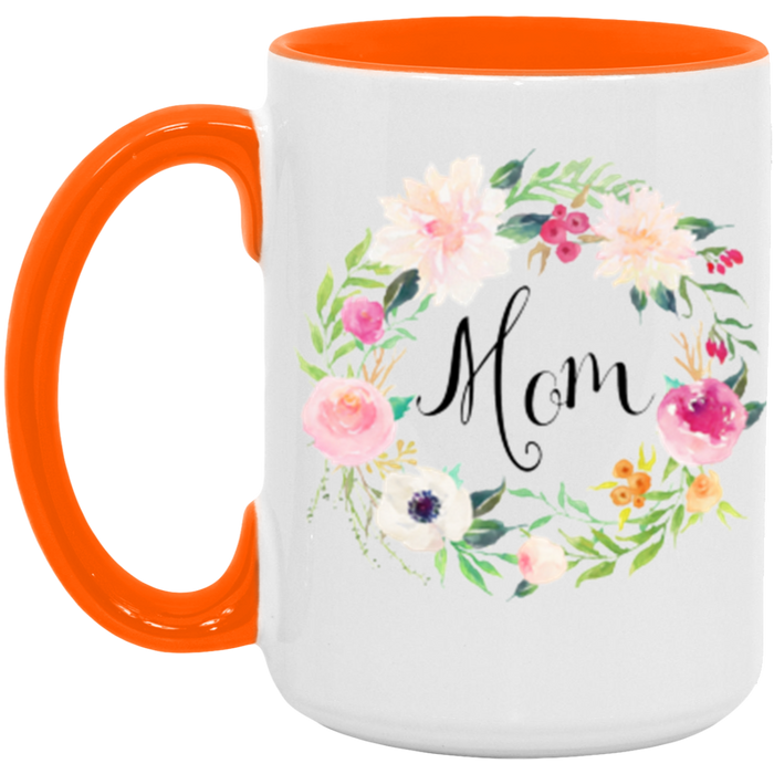 Floral Wreath Mom ceramic coffee mug in White/Orange