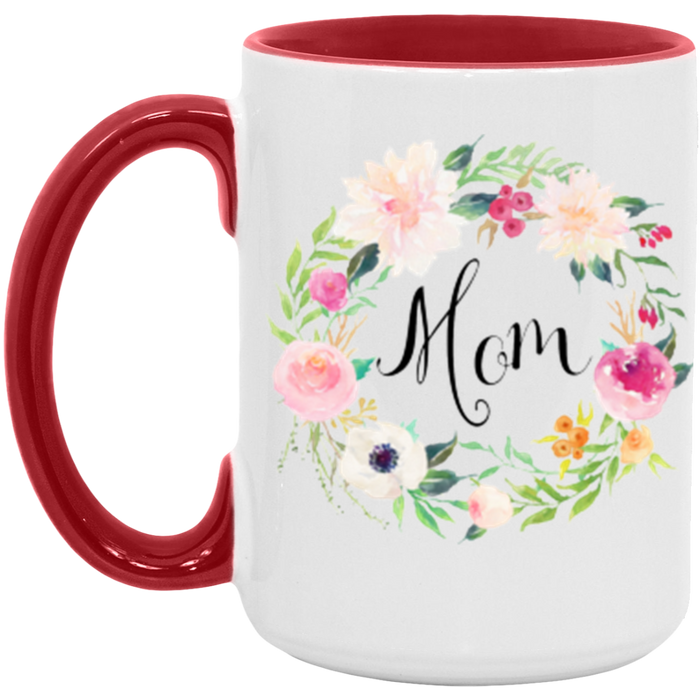 Floral Wreath Mom ceramic coffee mug in White/Red