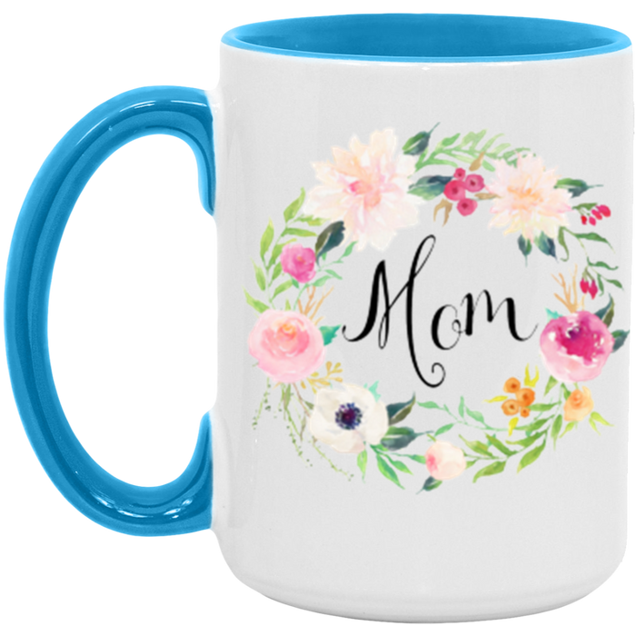 Floral Wreath Mom ceramic coffee mug in White/Light Blue
