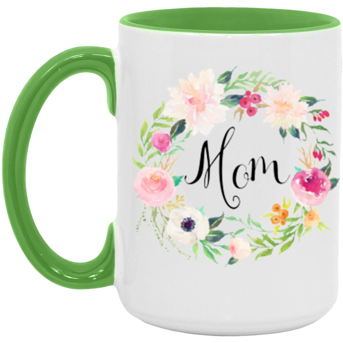 Floral Wreath Mom ceramic coffee mug in White/Light Green