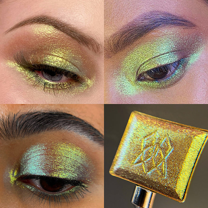 Collage of  Fools Gold eye swatches on various skin tones. Also a close-up of the eyeshadow in a single pan.