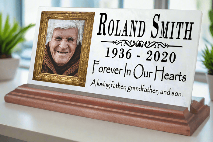 Loved One Memorial Plaque With Photo Gift Printed Picture Marble Forever In Our Hearts 8" x 4" - Broad Bay Personalized Gifts Shipped Fast