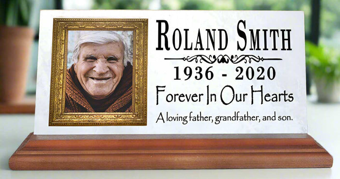 Loved One Memorial Plaque With Photo Gift Printed Picture Marble Forever In Our Hearts 8" x 4" - Broad Bay Personalized Gifts Shipped Fast