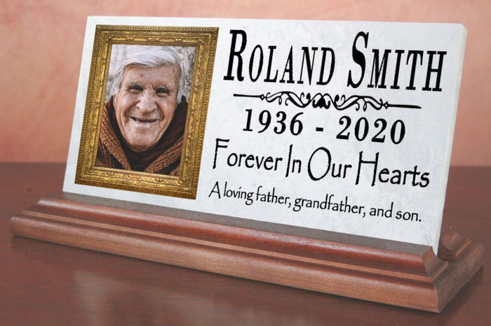Loved One Memorial Plaque With Photo Gift Printed Picture Marble Forever In Our Hearts 8" x 4" - Broad Bay Personalized Gifts Shipped Fast