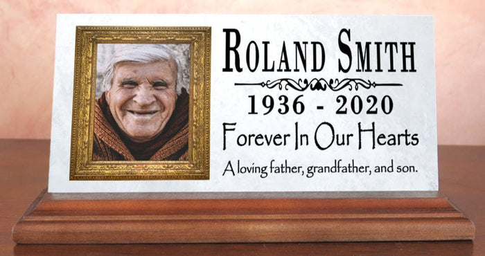 Loved One Memorial Plaque With Photo Gift Printed Picture Marble Forever In Our Hearts 8" x 4" - Broad Bay Personalized Gifts Shipped Fast