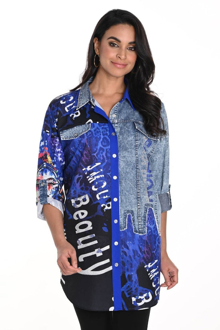 Frank Lyman 243528U Multi Abstract Crystal Blue Print Shirt - Dotique
