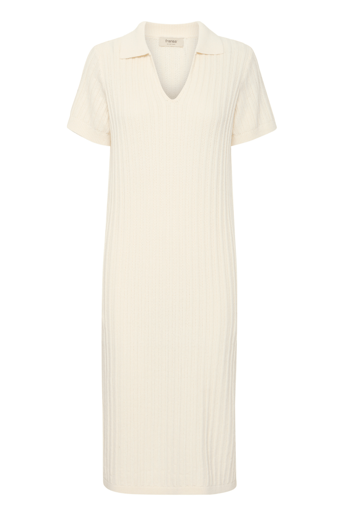 Fransa 20615698 FROFELINA DR 1 Knitted Dress with Collar and V - Neck Whisper White - Dotique