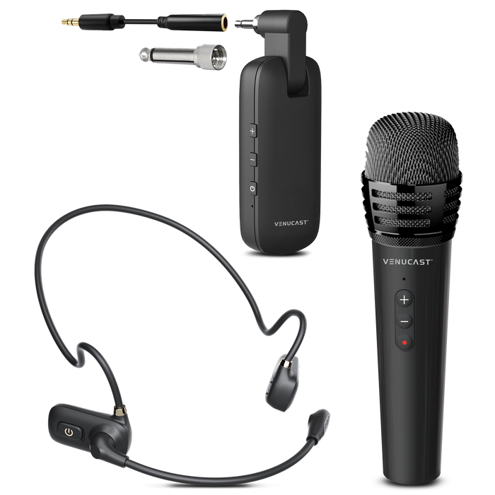 Wireless Headset & Handheld FreeMic Duo Microphone System for Powered Speakers, Mixer, & Venucast Transmitters for Teaching, and Small Events
