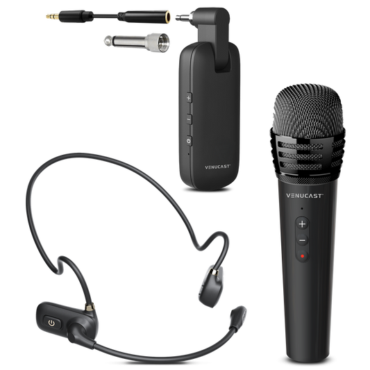 Wireless Headset & Handheld FreeMic Duo Microphone System for Powered Speakers, Mixer, & Venucast Transmitters for Teaching, and Small Events