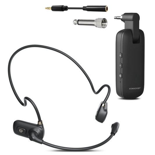 FreeMic W Wireless Headset Microphone System for powered speakers, and mixers for teaching and venues, transmitters with 3.5mm and 6.35mm compatibility.