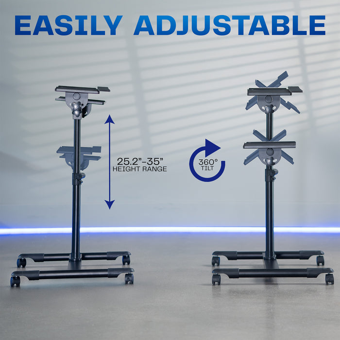 Easily adjustable stand with height range and tilt features on a gray background