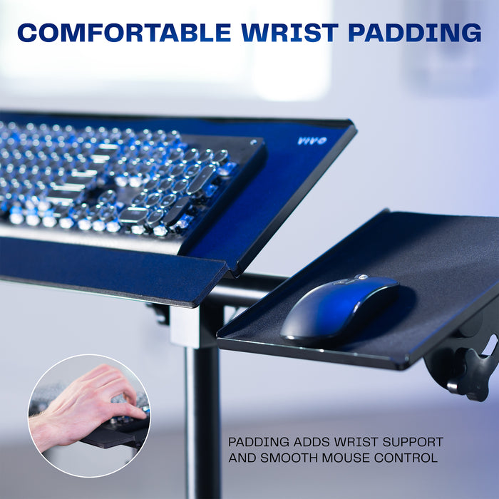 Ergonomic keyboard tray setup on a blurred background.