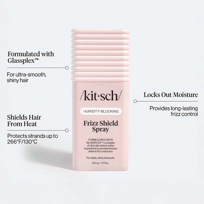 KITSCH Humidity Blocking Frizz Shield Spray — feature infographic on white background — Formulated with GLASSPLEX™: For ultra-smooth, shiny hair | Shields Hair From Heat: Protects strands up to 266°F/130°C | Locks Out Moisture: Provides long-lasting frizz control — Featherweight spray keeps hair looking sleek and polished regardless of rain, sweat, or humidity