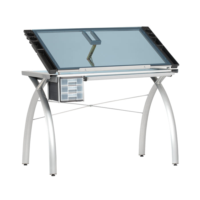 Futura Craft, Drafting, Drawing Table with Adjustable Top and Supply Storage, Silver / Blue Glass 10050