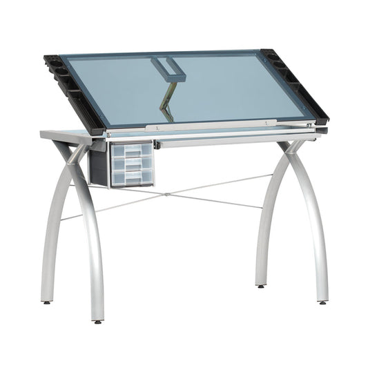 Futura Craft, Drafting, Drawing Table with Adjustable Top and Supply Storage, Silver / Blue Glass 10050