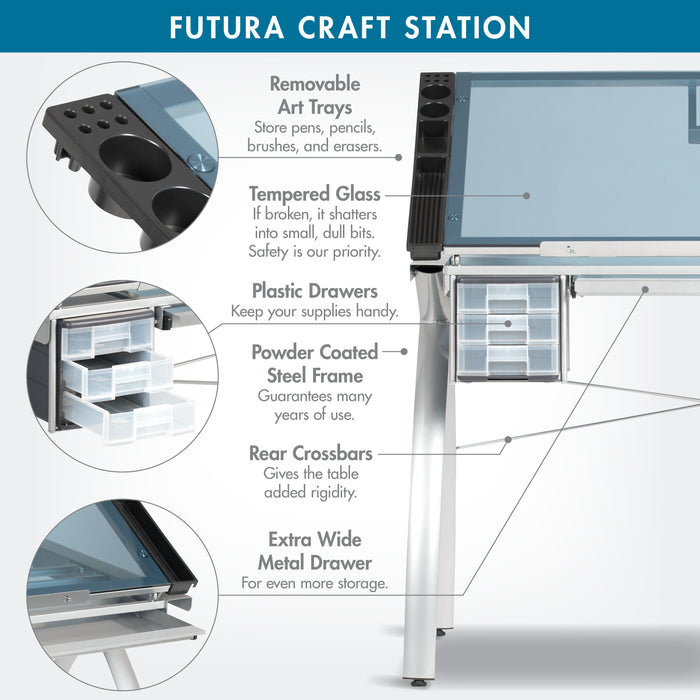 Futura Craft, Drafting, Drawing Table with Adjustable Top and Supply Storage, Silver / Blue Glass 10050