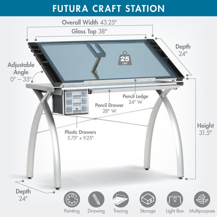 Futura Craft, Drafting, Drawing Table with Adjustable Top and Supply Storage, Silver / Blue Glass 10050