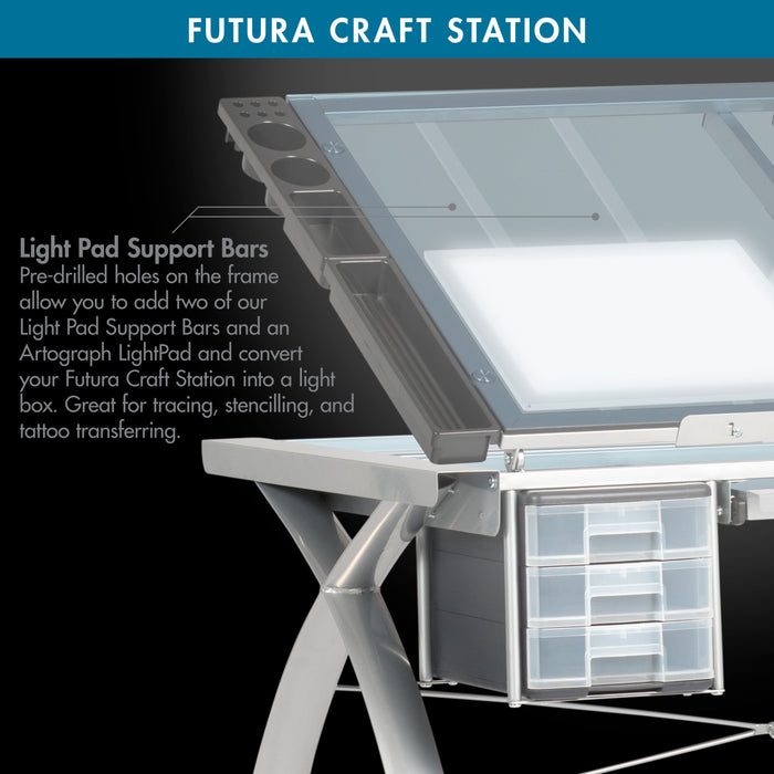 Futura Craft, Drafting, Drawing Table with Adjustable Top and Supply Storage, Silver / Blue Glass 10050