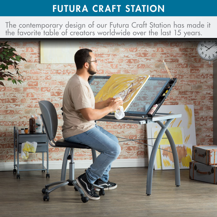 Futura Craft, Drafting, Drawing Table with Adjustable Top and Supply Storage, Silver / Blue Glass 10050