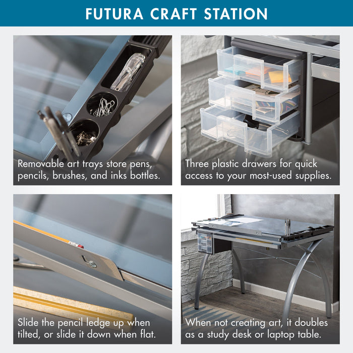 Futura Craft, Drafting, Drawing Table with Adjustable Top and Supply Storage, Silver / Blue Glass 10050