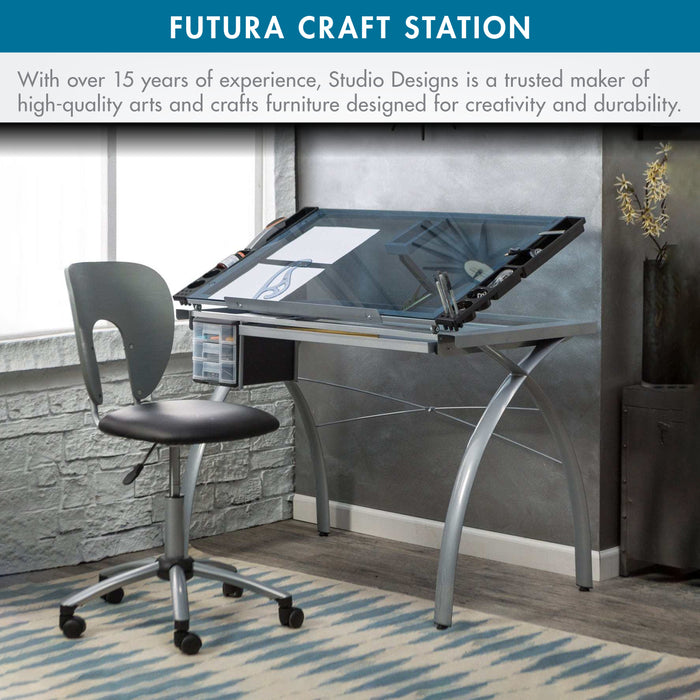Futura Craft, Drafting, Drawing Table with Adjustable Top and Supply Storage, Silver / Blue Glass 10050