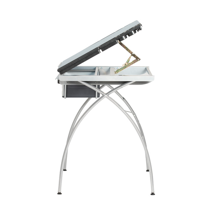Futura Craft, Drafting, Drawing Table with Adjustable Top and Supply Storage, Silver / Blue Glass 10050