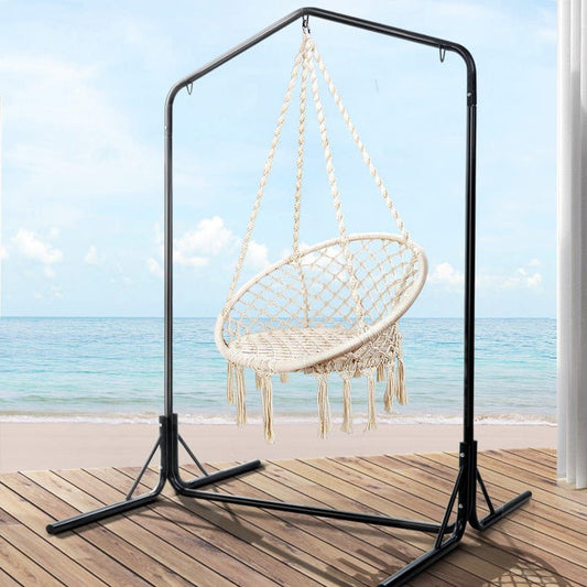 Gardeon Outdoor Hammock Chair with Stand Cotton Swing Relax Hanging 124CM Cream -Home Living Store - -