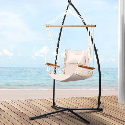 Gardeon Outdoor Hammock Chair with Steel Stand Hanging Hammock Beach Cream -Home Living Store - -