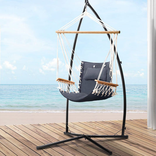 Gardeon Outdoor Hammock Chair with Steel Stand Hanging Hammock Beach Grey -Home Living Store - -