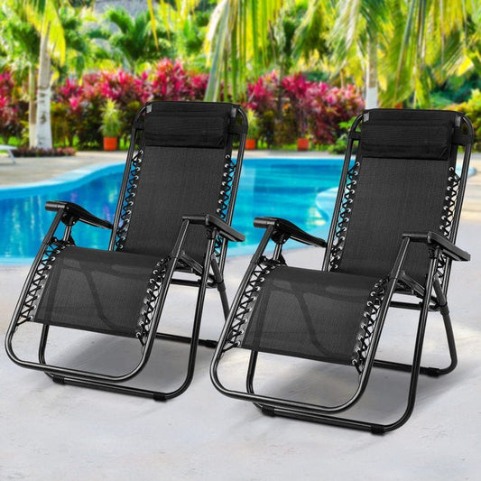 Gardeon Set of 2 Zero Gravity Chairs Reclining Outdoor Furniture Sun Lounge Folding Camping Lounger Black -Home Living Store - -