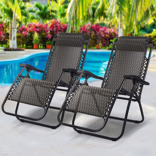 Gardeon Set of 2 Zero Gravity Chairs Reclining Outdoor Furniture Sun Lounge Folding Camping Lounger Grey -Home Living Store - -
