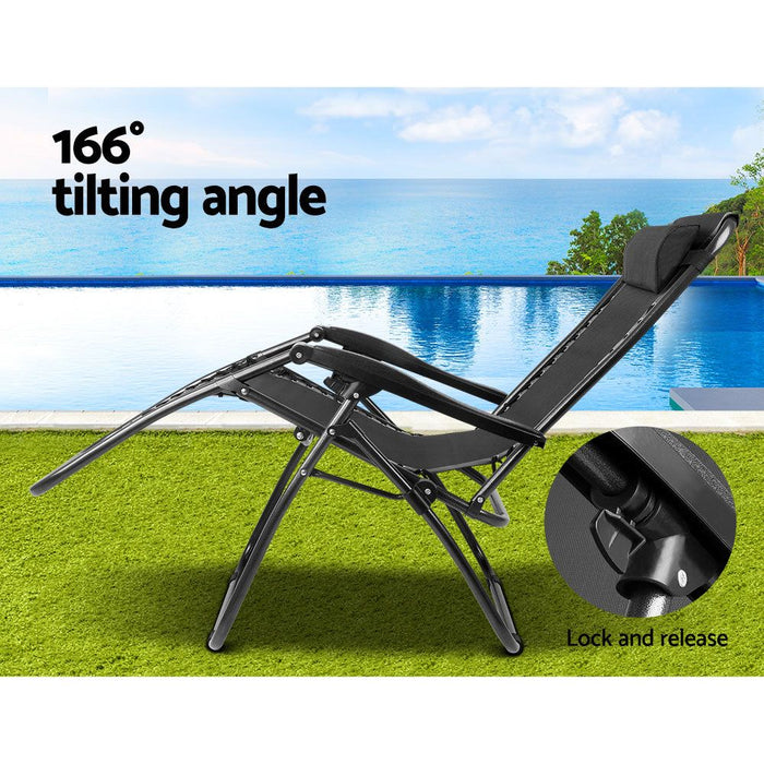 Gardeon Set of 2 Zero Gravity Chairs Reclining Outdoor Furniture Sun Lounge Folding Camping Lounger Black -Home Living Store - -