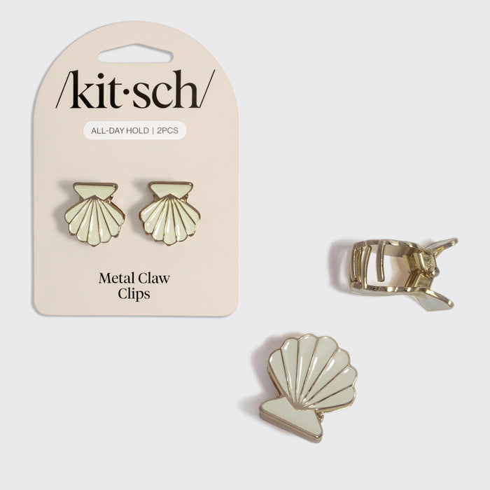 Kitsch Gold & Pearlized Cream Metal Clam Shell Hair Clip Set – 2pc coastal seashell claw clips on card