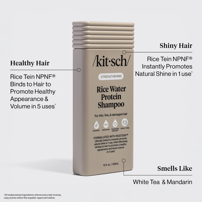 Kitsch Rice Water Protein Shampoo bottle with text highlighting benefits on a white background