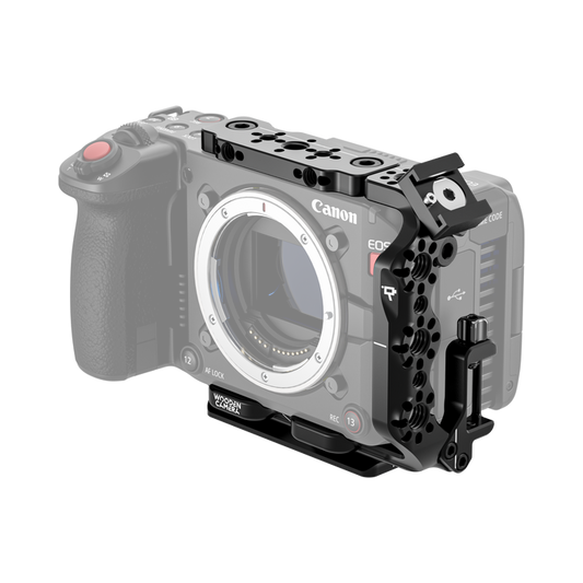 Canon EOS C50 camera body with wooden camera cage on a white background