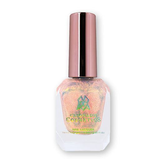 Bottle of nail polish containing Happy as a Clam Nail Lacquer on white background.