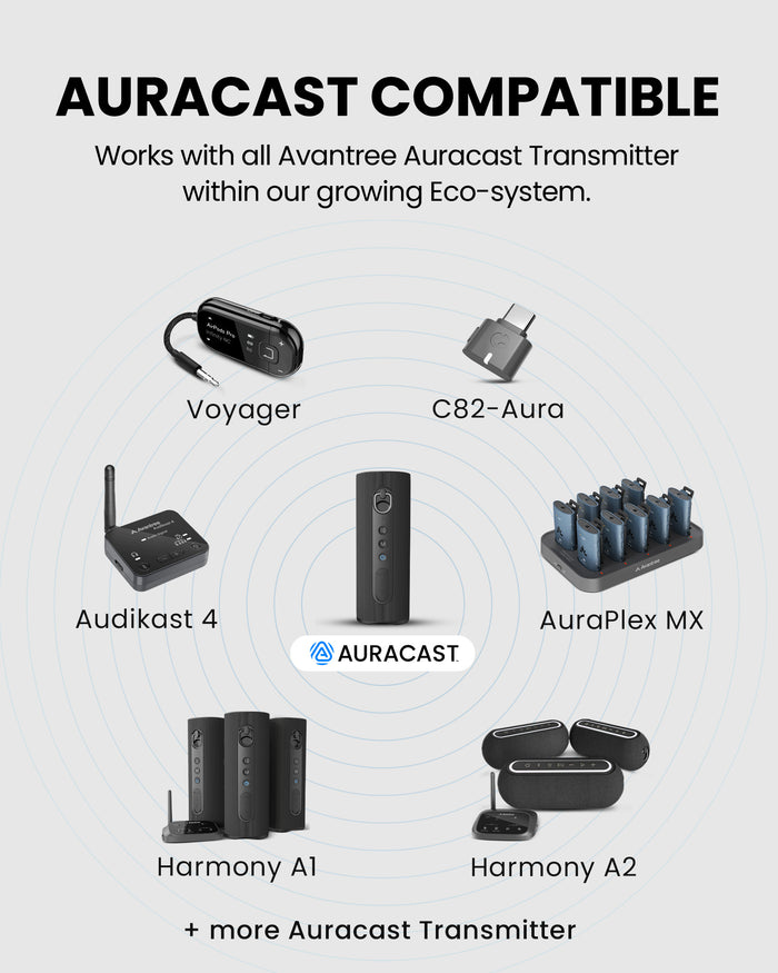 Harmony A1 Solo Bluetooth Speaker with Auracast Expansion, works with Avantree ecosystem and connects multiple Auracast-enabled devices.